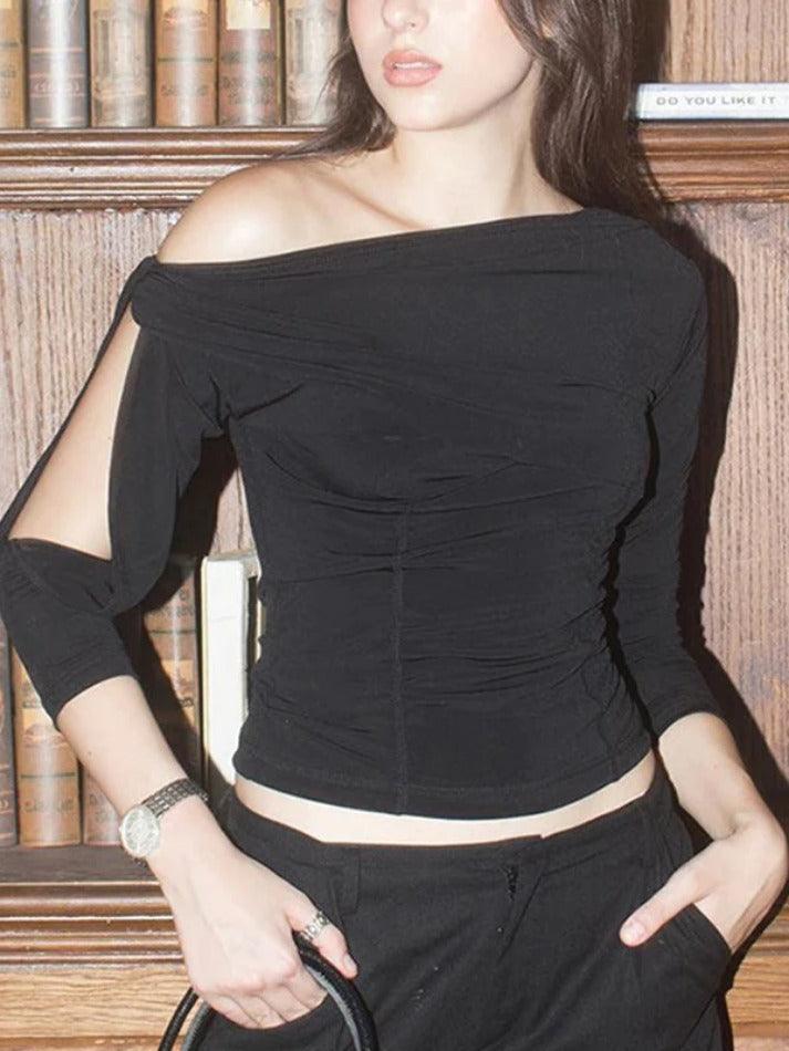 Solid One Shoulder Cutout Sleeve Long Sleeve Tee - HouseofHalley