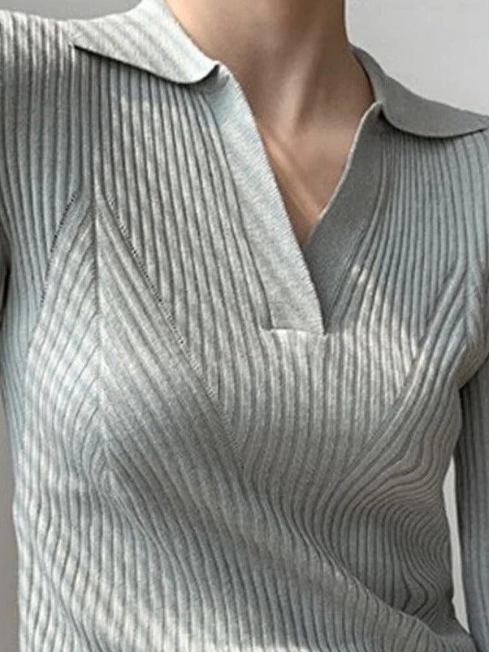 Solid V Neck Ribbed Splice Sweater