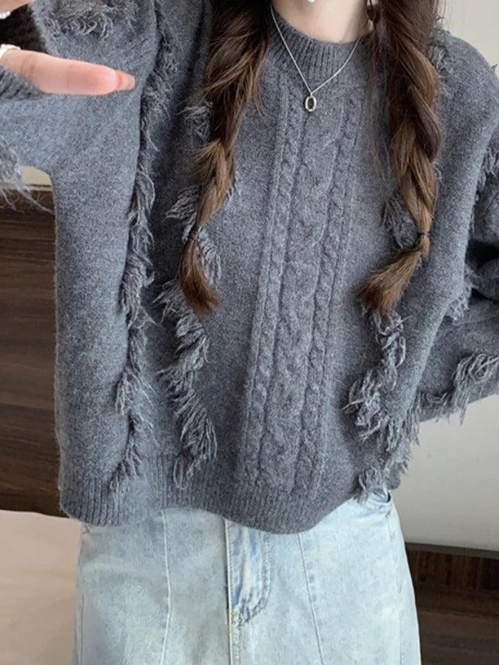 Solid Tassel Cable Knit Sweater - HouseofHalley