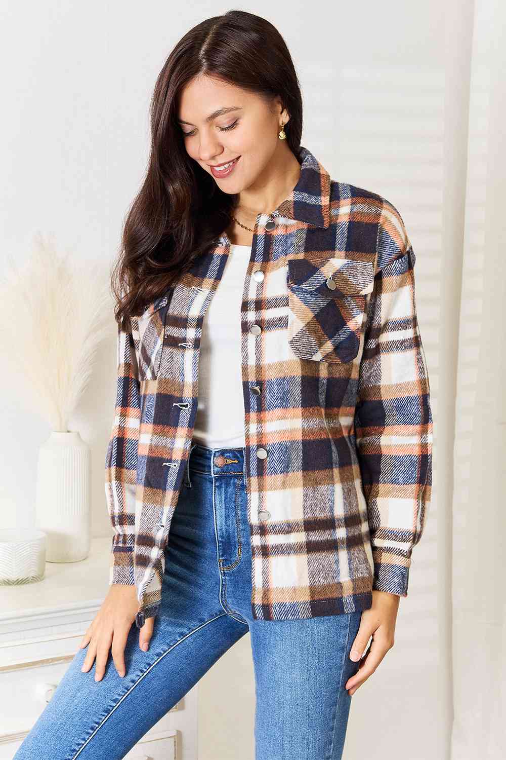 Double Take – Karierte Hemdjacke mit Knopfleiste vorne und Brusttaschen