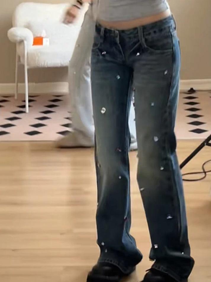 Y2K Rhinestone Low Rise Boyfriend Jeans - HouseofHalley