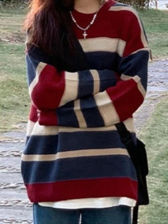 Contrast Color Stripe Splice Pullover Sweater - HouseofHalley