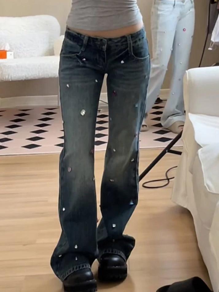 Y2K Rhinestone Low Rise Boyfriend Jeans - HouseofHalley