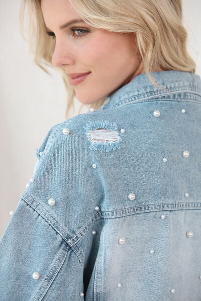 Jeansjacke mit Knopfleiste und Perlenbesatz im Used-Look