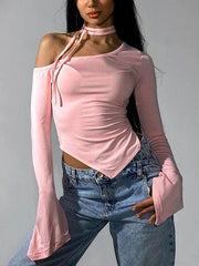 Solid Slanted Neck Ruched Irregular Hem Long Sleeve Tee - HouseofHalley