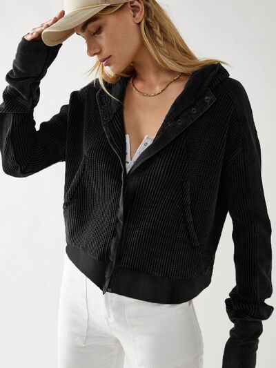 Waffelstrickjacke mit überschnittenen Schultern und Kapuze