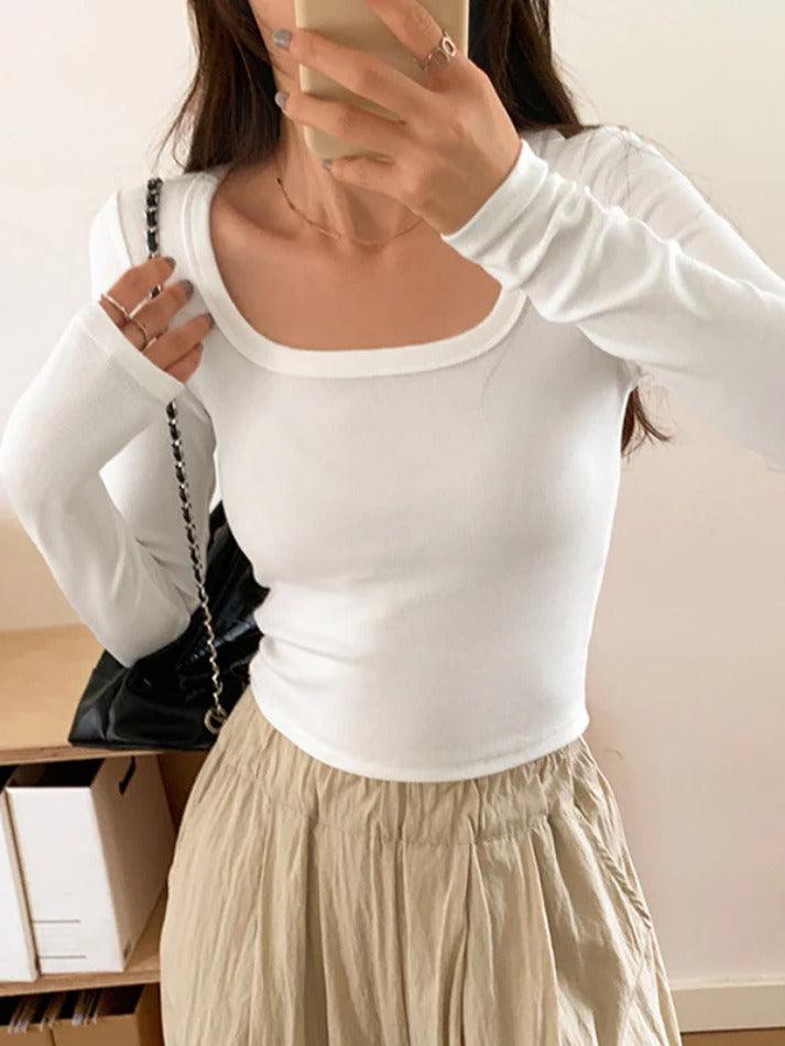 Solid Square Neck Rib Slim Long Sleeve Knit