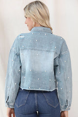 Jeansjacke mit Knopfleiste und Perlenbesatz im Used-Look