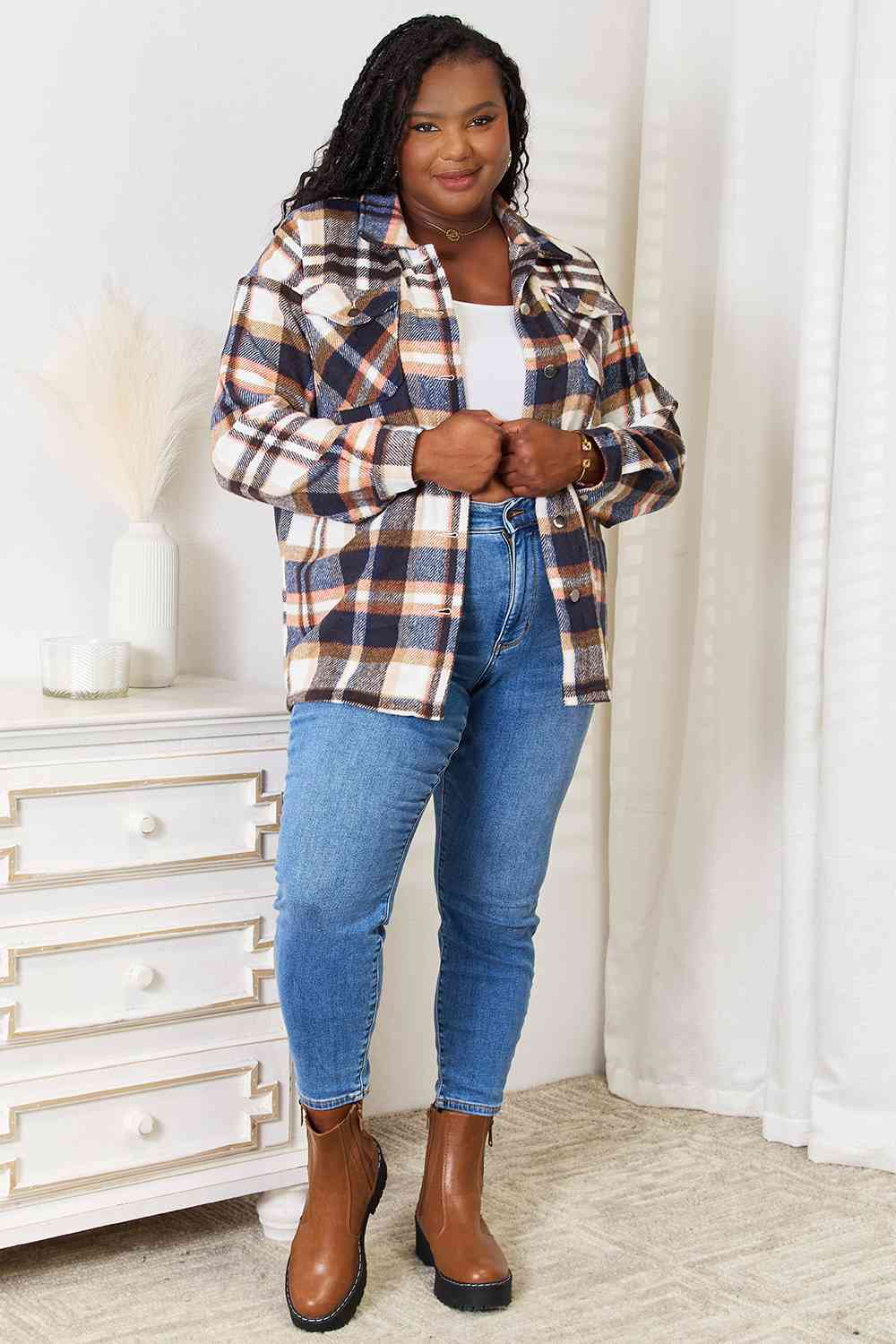 Double Take – Karierte Hemdjacke mit Knopfleiste vorne und Brusttaschen