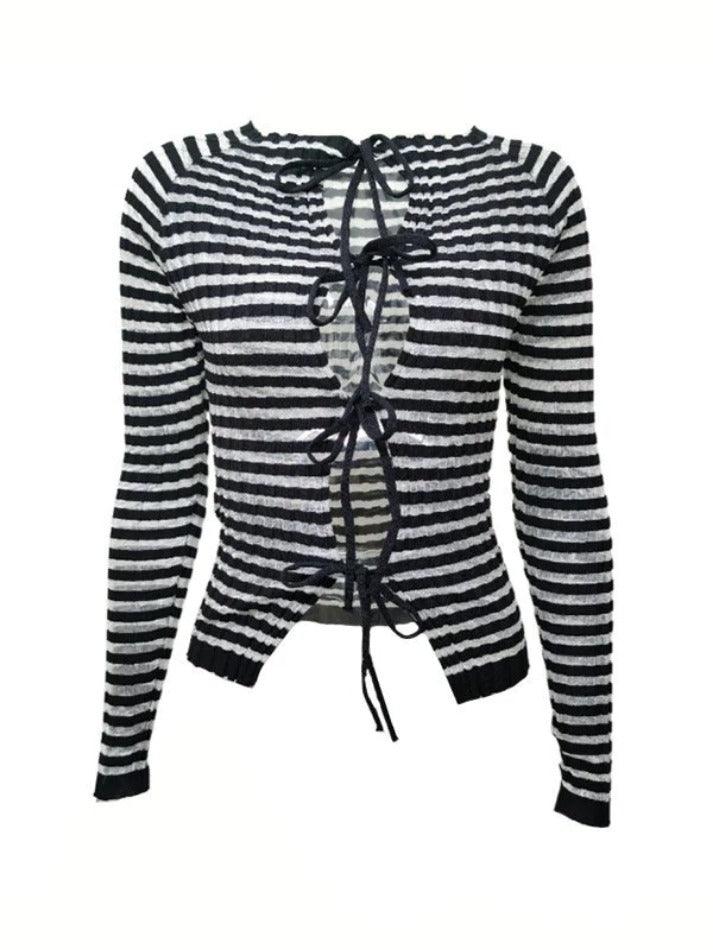 Lace Up Striped Ribbed Knit Top - HouseofHalley