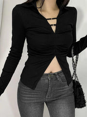 Solid V Neck Shirred Slit Long Sleeve Tee - HouseofHalley