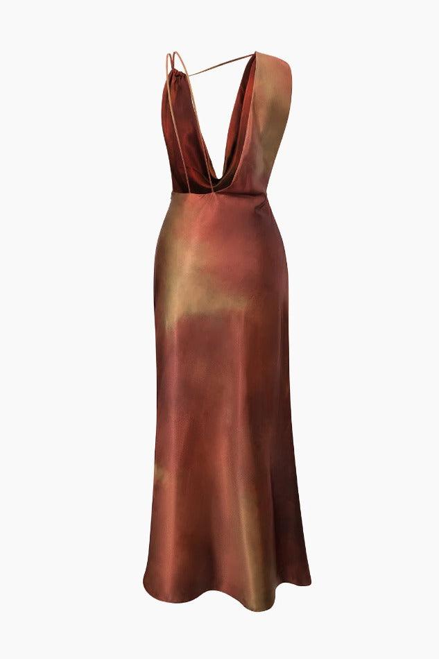 Tie Dye Asymmetric Cowl Neck Satin Maxi Dress - HouseofHalley