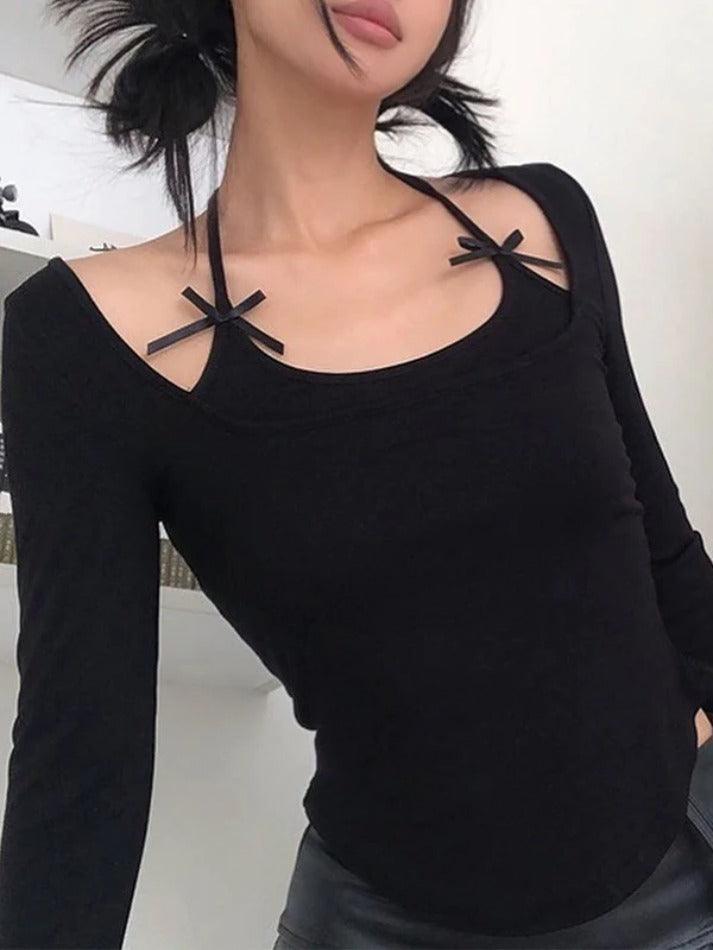 Solid Halter Bow Decor Long Sleeve Tee - HouseofHalley