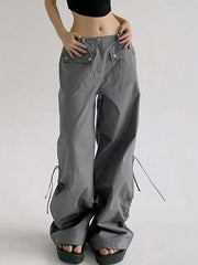 Low Waist Plain Drawstring Loose-Fit Wide-Leg Cargo Pants - HouseofHalley