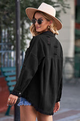 Distressed-Jeansjacke mit Knopfleiste und offenem Saum
