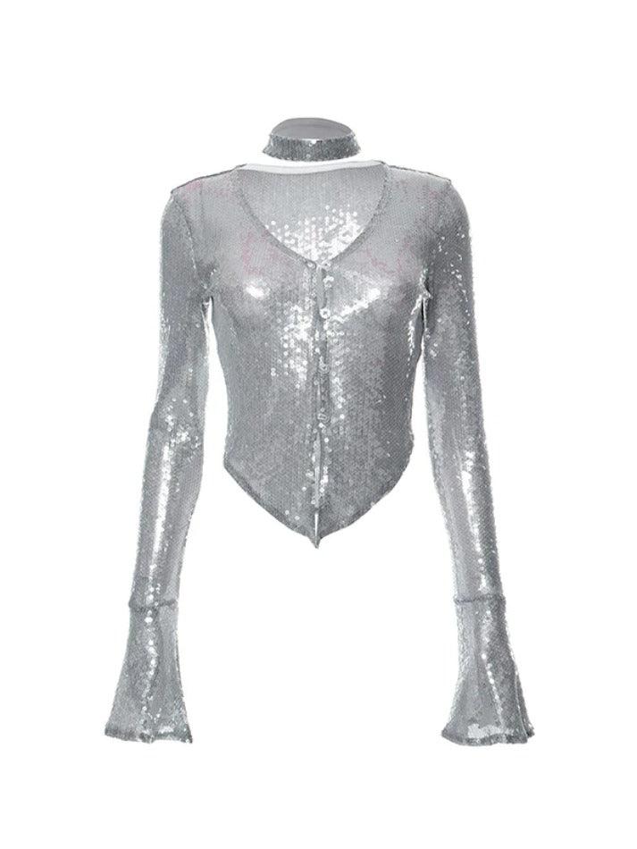 Gary Sequin V Neck Hanky Hem Long Sleeve Blouse - HouseofHalley