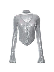 Gary Sequin V Neck Hanky Hem Long Sleeve Blouse - HouseofHalley