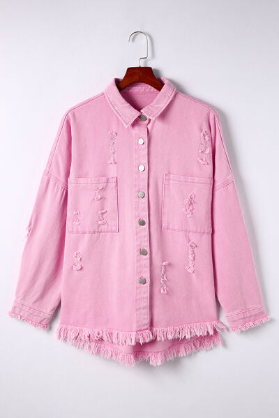 Distressed-Jeansjacke mit Knopfleiste und offenem Saum