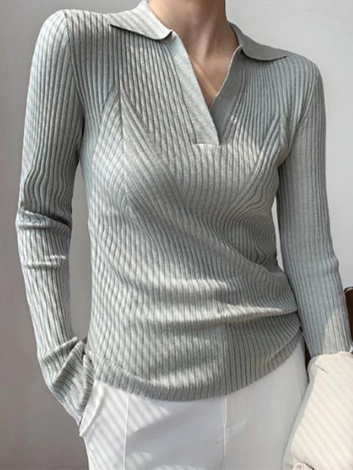 Solid V Neck Ribbed Splice Sweater