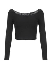 Off Shoulder Lace Splice Bow Decor Long Sleeve Tee - HouseofHalley