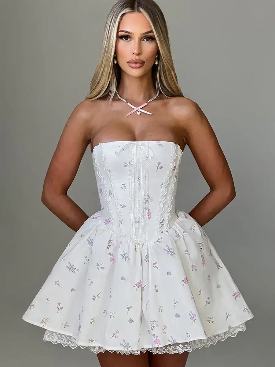 Pearl Strapless Floral Corset Mini Dress