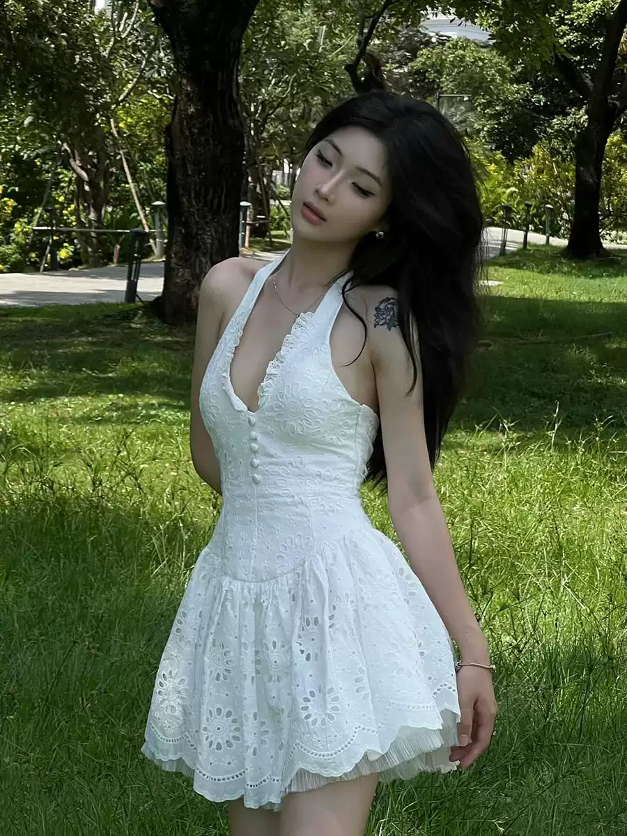 Darina White Embroidered Halter Dress