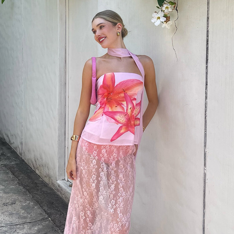 Sierra Pink Floral Mesh Halter Top