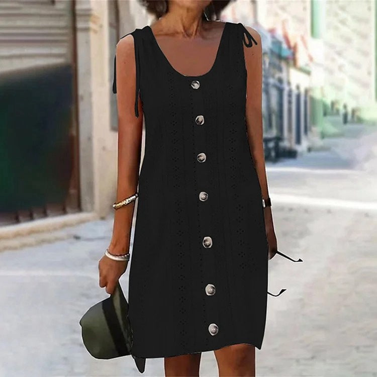 Elegant U-neck & sleeveless dress with buttons