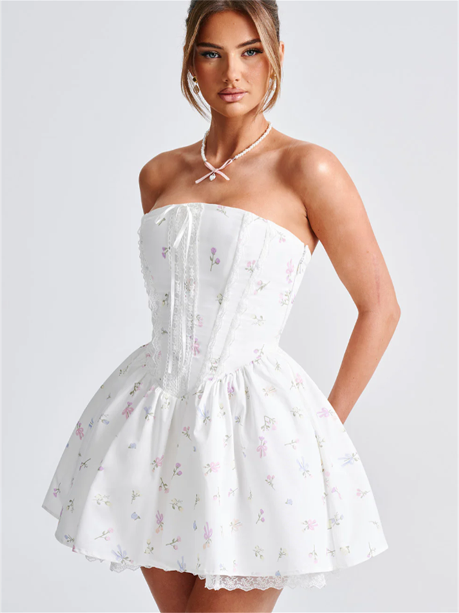 Pearl Strapless Floral Corset Mini Dress