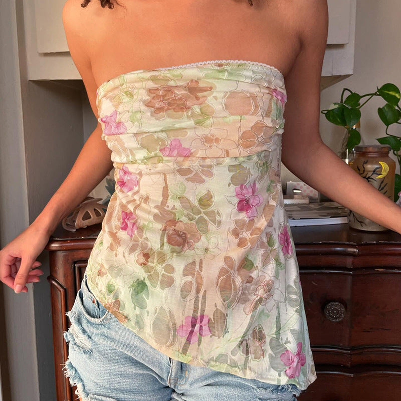 Kaily Mesh Flroal Strapless Top