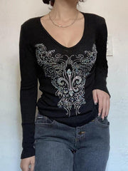 Gothic Rhinestone Print V Neck Long Sleeve Tee - HouseofHalley