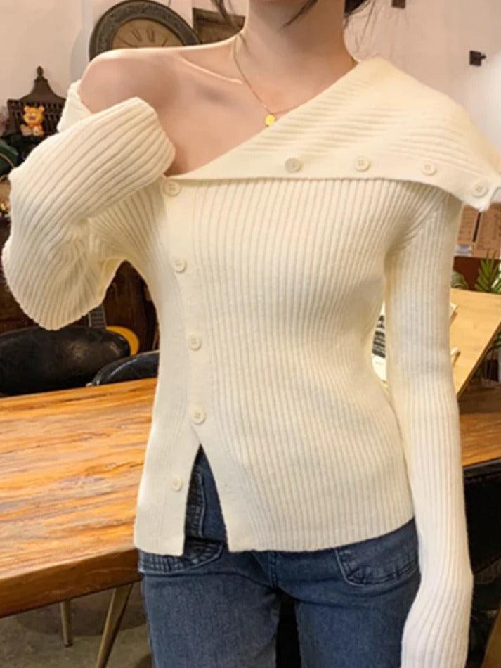 Solid Irregular Lapel Neck Off Shoulder Long Sleeve Knit - HouseofHalley