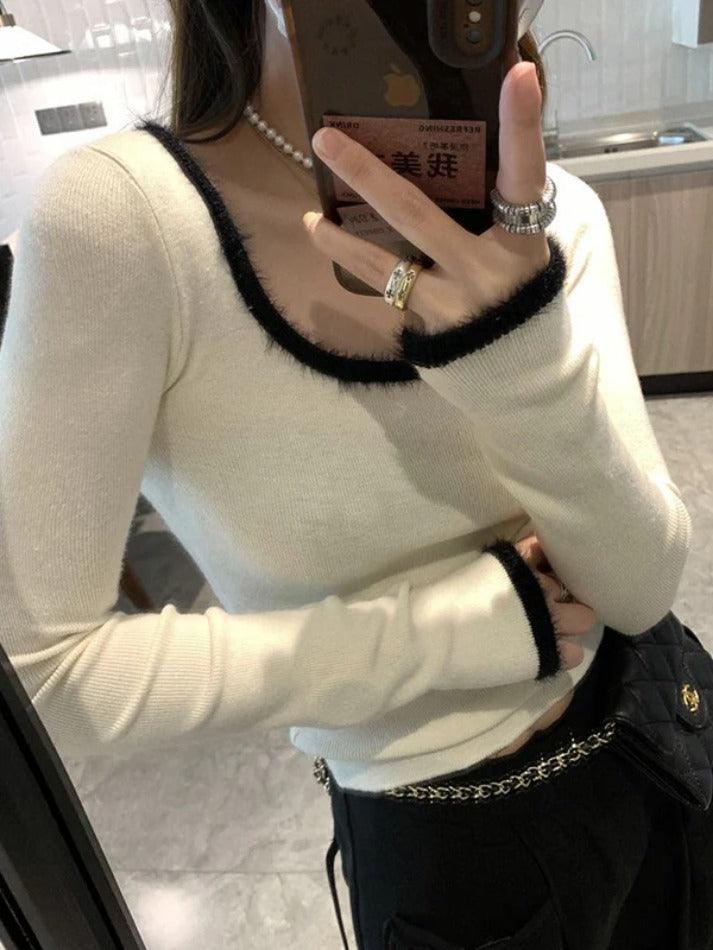 Plush Trim Splice Square Neck Slim Long Sleeve Knit