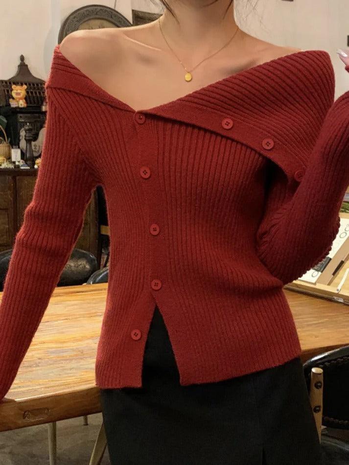 Solid Irregular Lapel Neck Off Shoulder Long Sleeve Knit