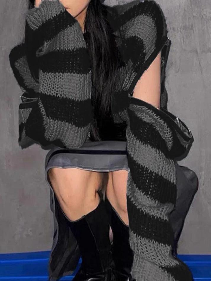 Oversize Removable Sleeves Stripe Knit Sweater - HouseofHalley