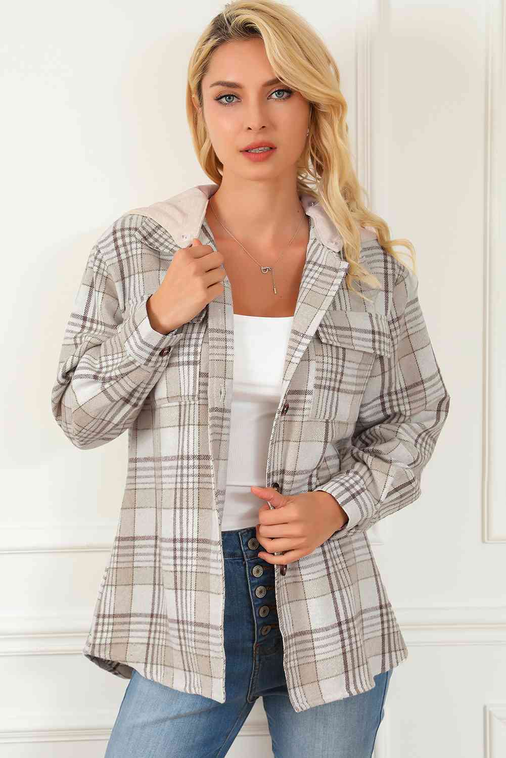 Karierte Button-Down-Kapuzenjacke