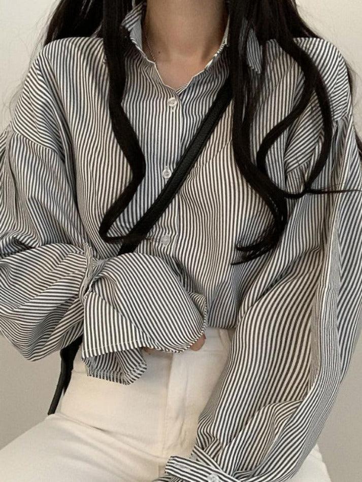 Stripe Lantern Sleeve Long Sleeve Blouse - HouseofHalley