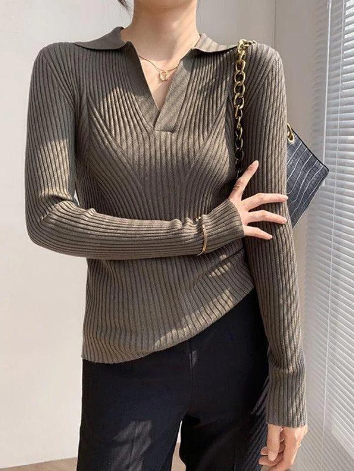 Solid V Neck Ribbed Splice Sweater