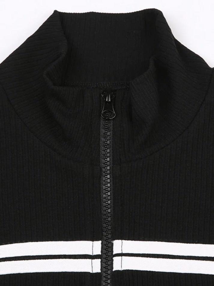 Contrast Color Splice Zipper Collar Neck Long Sleeve Knit