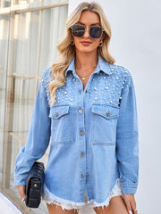 Jeansjacke mit Perlendetail und Taschen zum Knöpfen