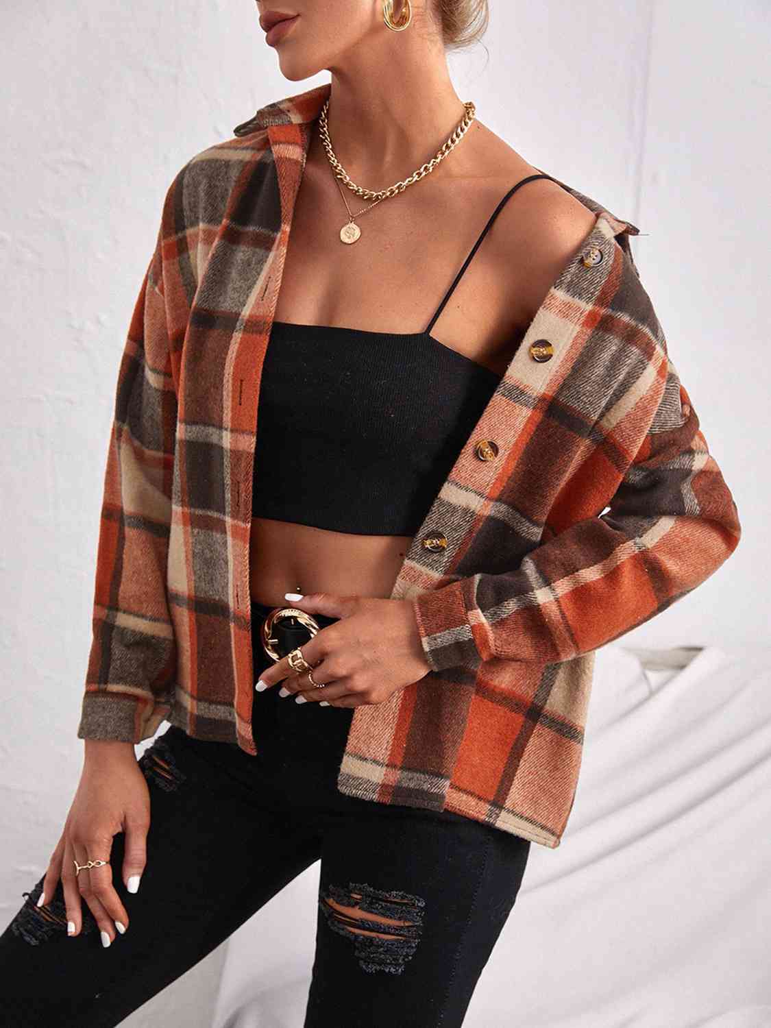 Karierte Button-Down-Jacke mit Kragen