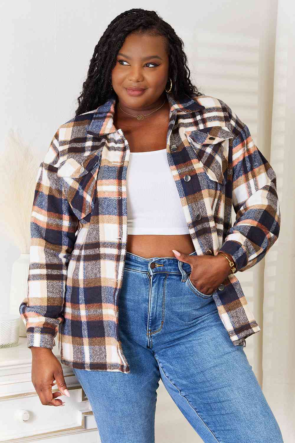 Double Take – Karierte Hemdjacke mit Knopfleiste vorne und Brusttaschen