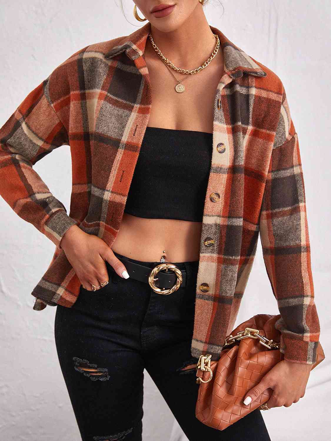 Karierte Button-Down-Jacke mit Kragen