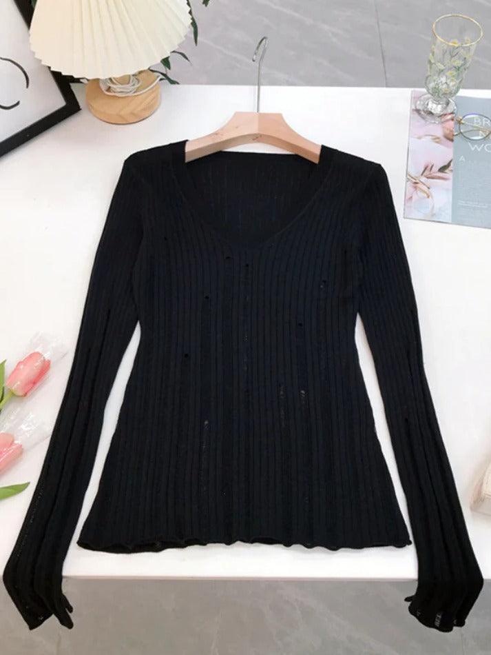 V Neck Slim Cutout Long Sleeve Knit