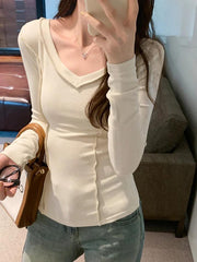 Solid V Neck Seam Detail Slim Long Sleeve Knit - HouseofHalley