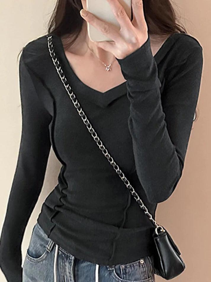 Solid V Neck Seam Detail Slim Long Sleeve Knit - HouseofHalley