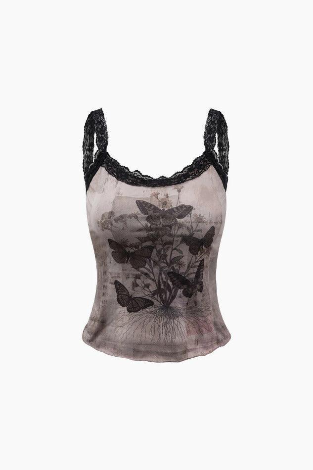 Butterfly Print Lace Strap Cami Top - HouseofHalley