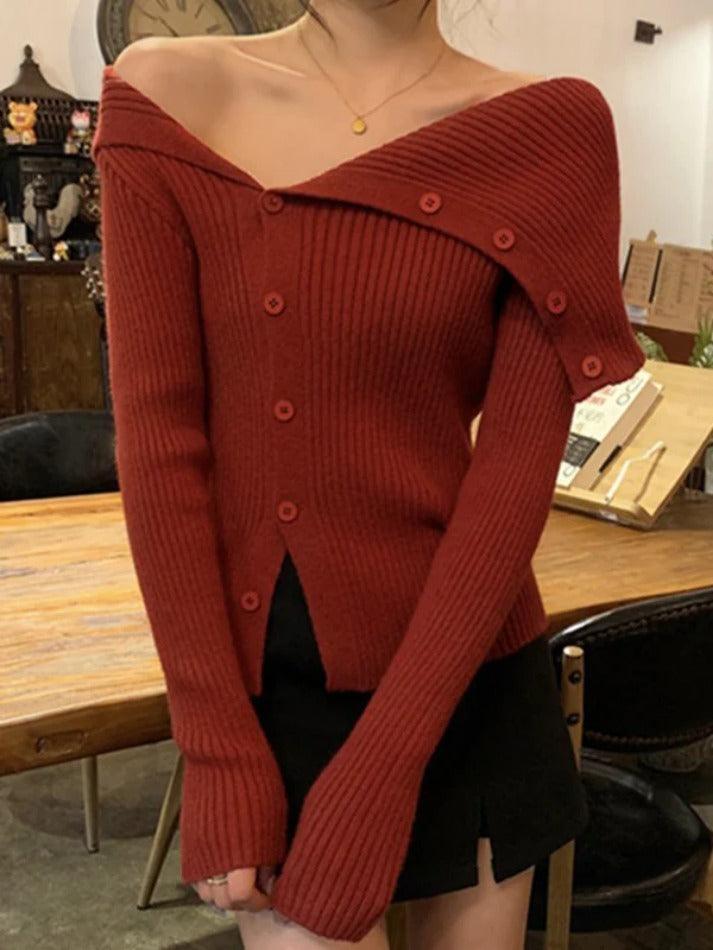 Solid Irregular Lapel Neck Off Shoulder Long Sleeve Knit