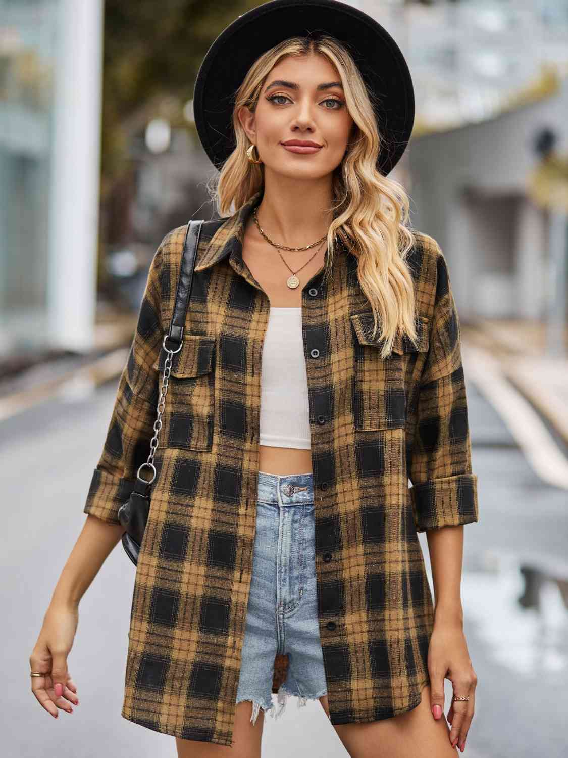 Karierte Button-Down-Jacke mit Kragen