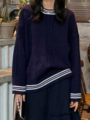 Striped Trim Cable Knit Pullover Sweater - HouseofHalley